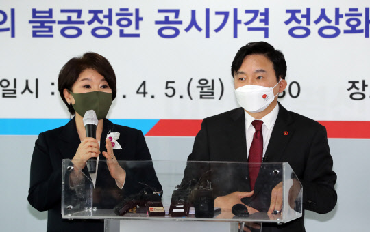 조은희 서울 서초구청장(왼쪽)과 원희룡 제주특별자치도지사가 5일 서울 여의도 국민의힘 중앙당사에서 '정부의 불공정 공시가격 정상화'를 위한 공동 기자회견을 하고 있다. 연합뉴스